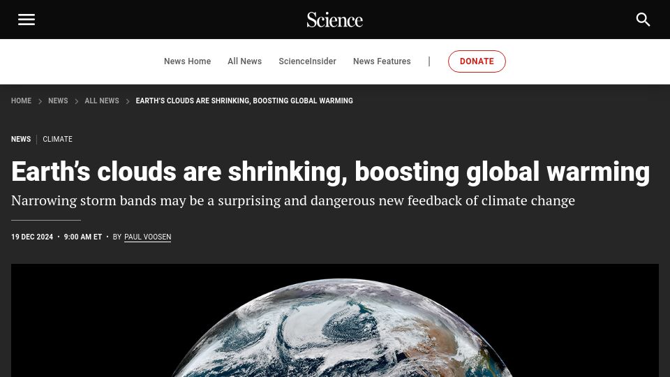 Screenshot of science.org: Earth's clouds are shrinking, boosting global warming