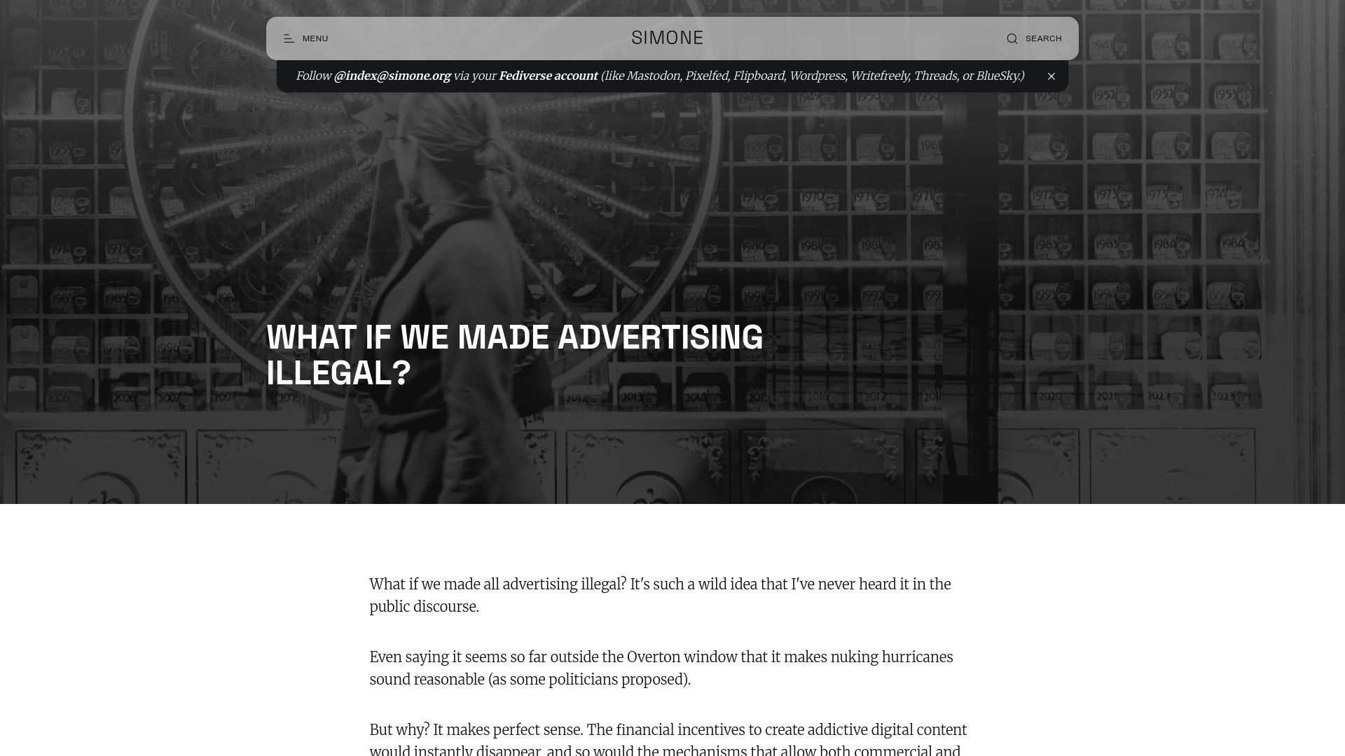 Screenshot of simone.org: What if we made advertising illegal?