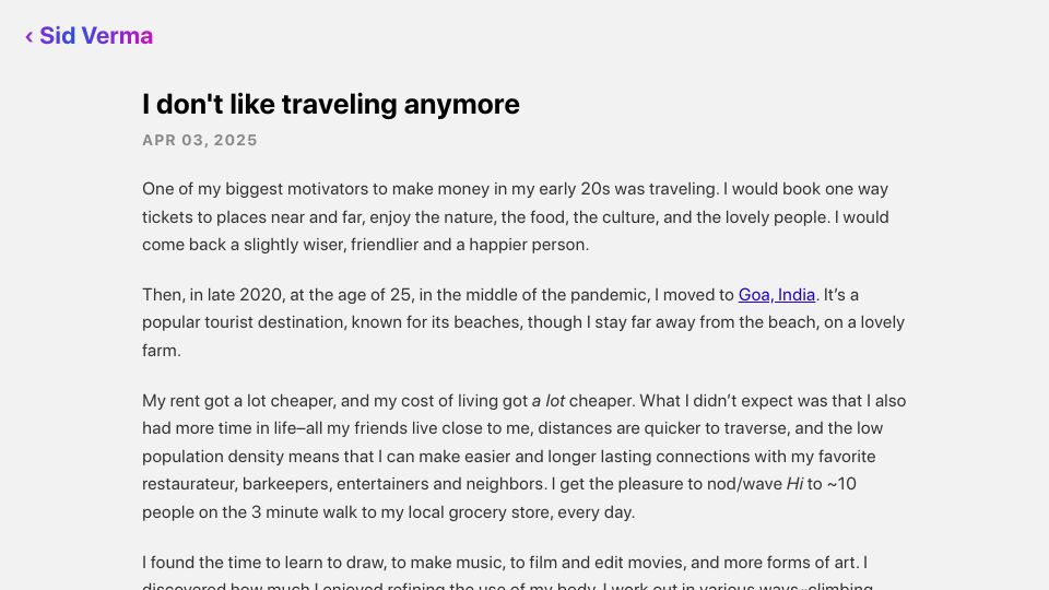 Screenshot of sidverma.io: I don't like traveling anymore