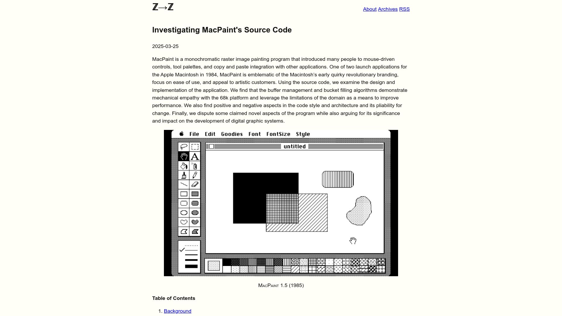 Screenshot of ztoz.blog: Investigating MacPaint's Source Code