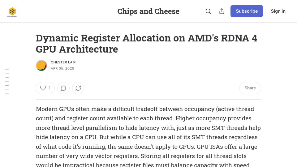 Screenshot of chipsandcheese.com: Dynamic Register Allocation on AMD's RDNA 4 GPU Architecture