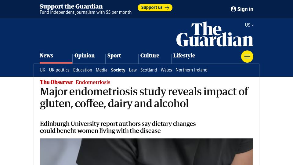 Screenshot of theguardian.com: Major endometriosis study reveals impact of gluten, coffee, dairy and alcohol