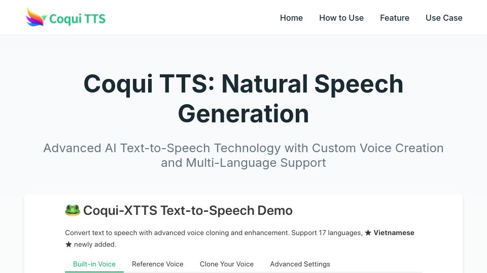 Screenshot of coquitts.com: Coqui TTS: Free Text-to-Speech