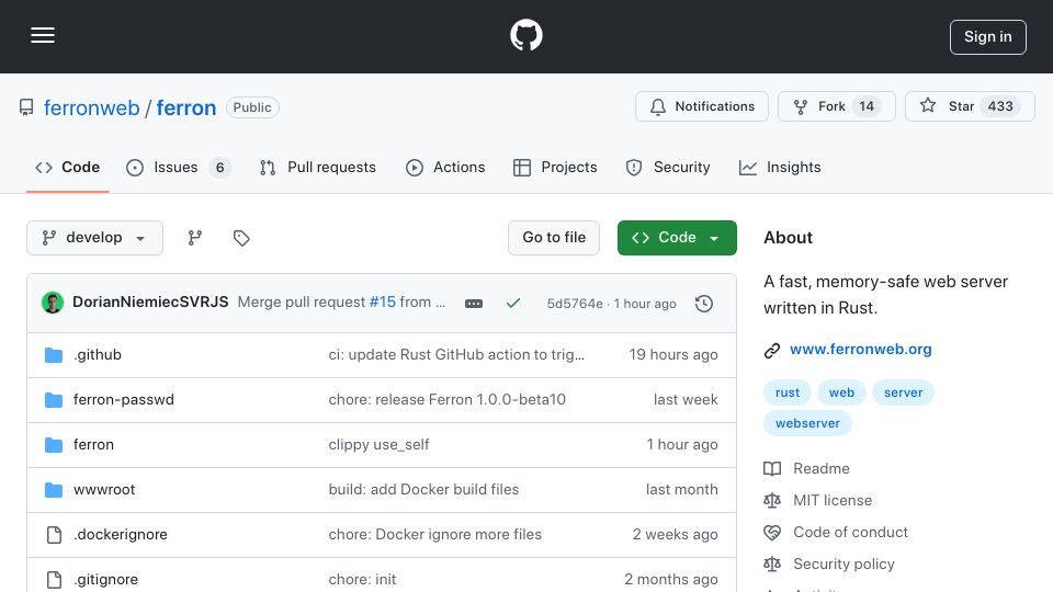 Screenshot of github.com: Ferron – A fast, memory-safe web server written in Rust