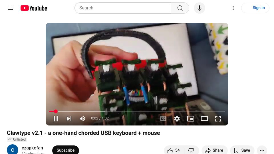Screenshot of youtube.com: Show HN: Clawtype v2.1 – a one-hand chorded USB keyboard and mouse [video]