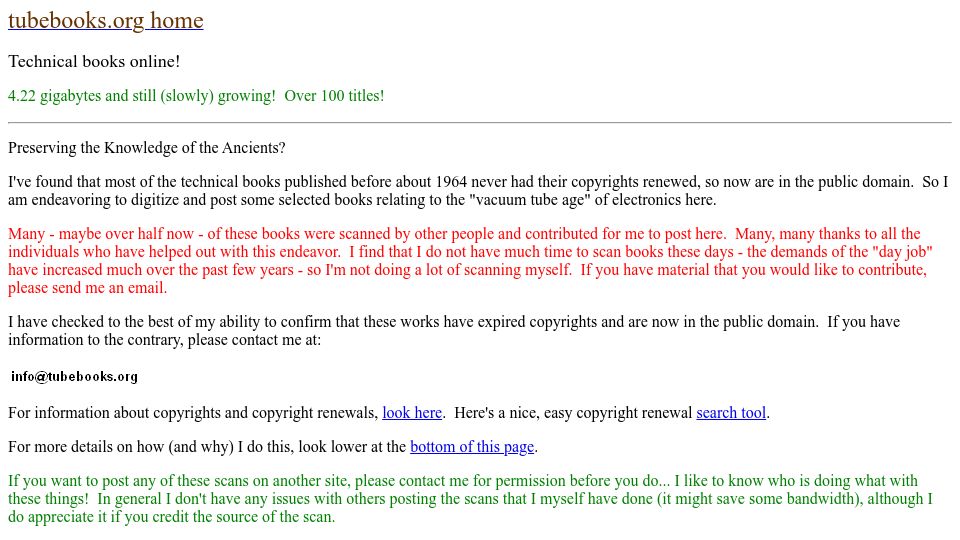 Screenshot of tubebooks.org: Public domain technical books published before 1964