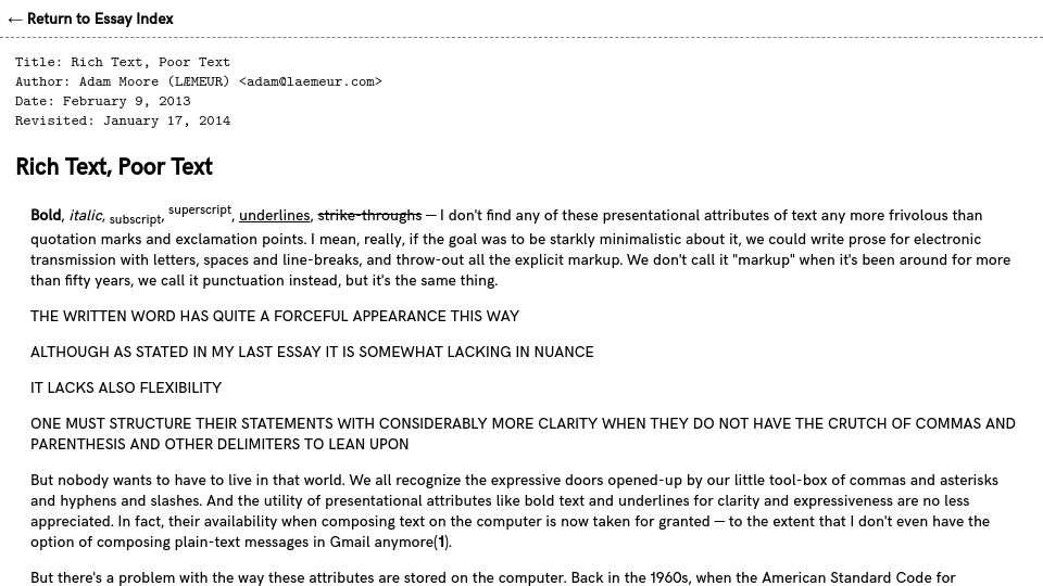 Screenshot of laemeur.sdf.org: Rich Text, Poor Text (2013)