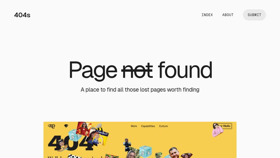 Screenshot of 404s.design: 404s – gallery of error 404 page designs