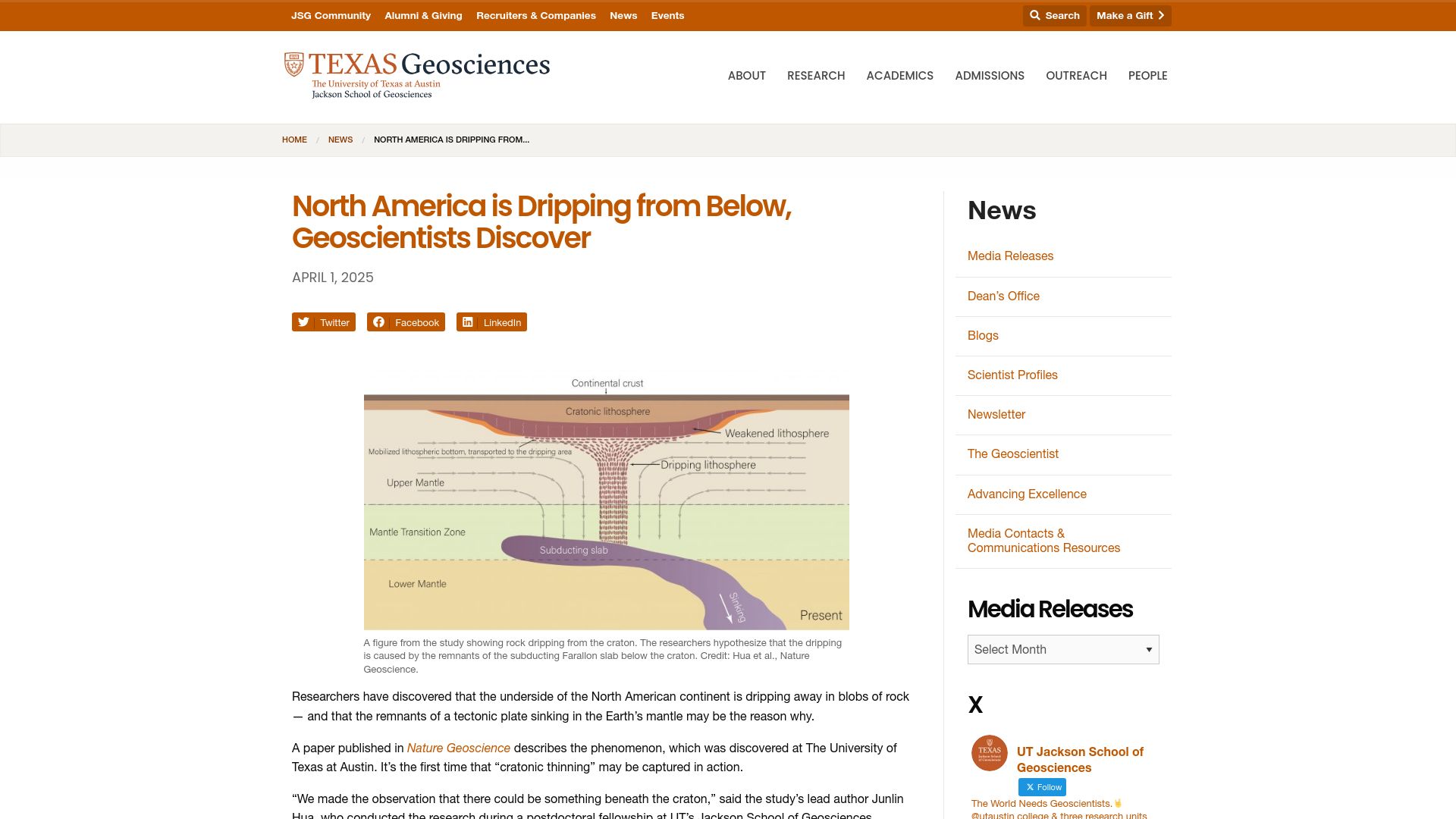Screenshot of jsg.utexas.edu: North America Is Dripping from Below, Geoscientists Discover