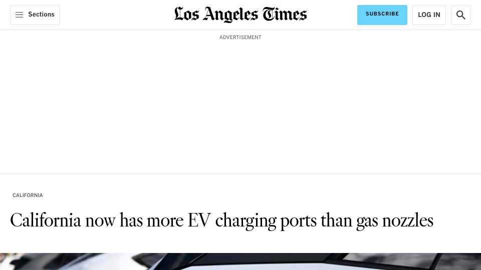 Screenshot of latimes.com: California now has more EV charging ports than gas nozzles