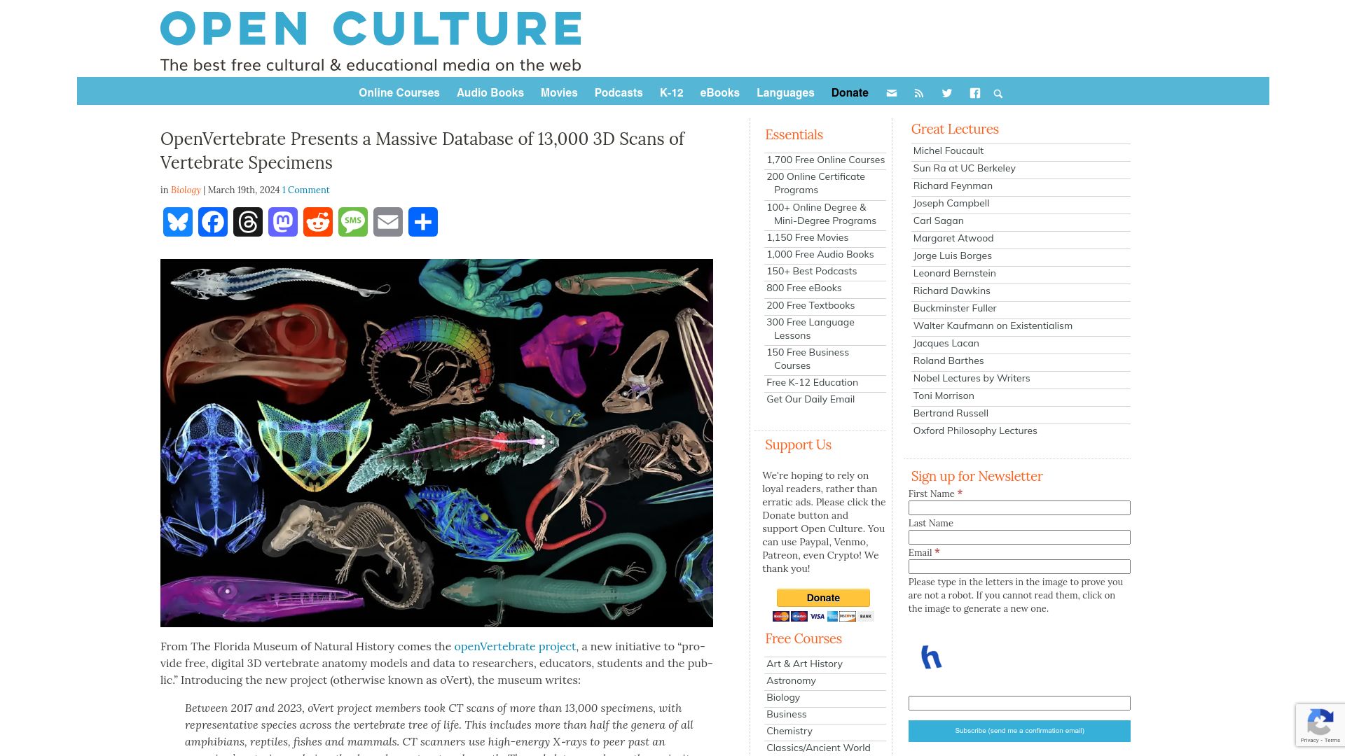 Screenshot of openculture.com: OpenVertebrate Presents a Database of 13K 3D Scans of Specimens