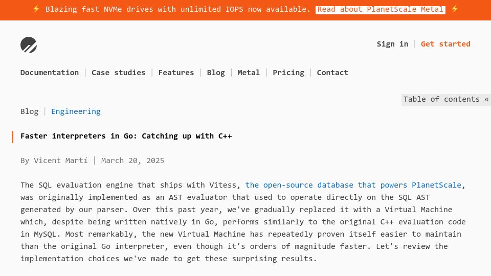 Screenshot of planetscale.com: Faster interpreters in Go: Catching up with C++