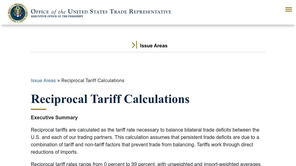 Screenshot of ustr.gov: Reciprocal Tariff Calculations