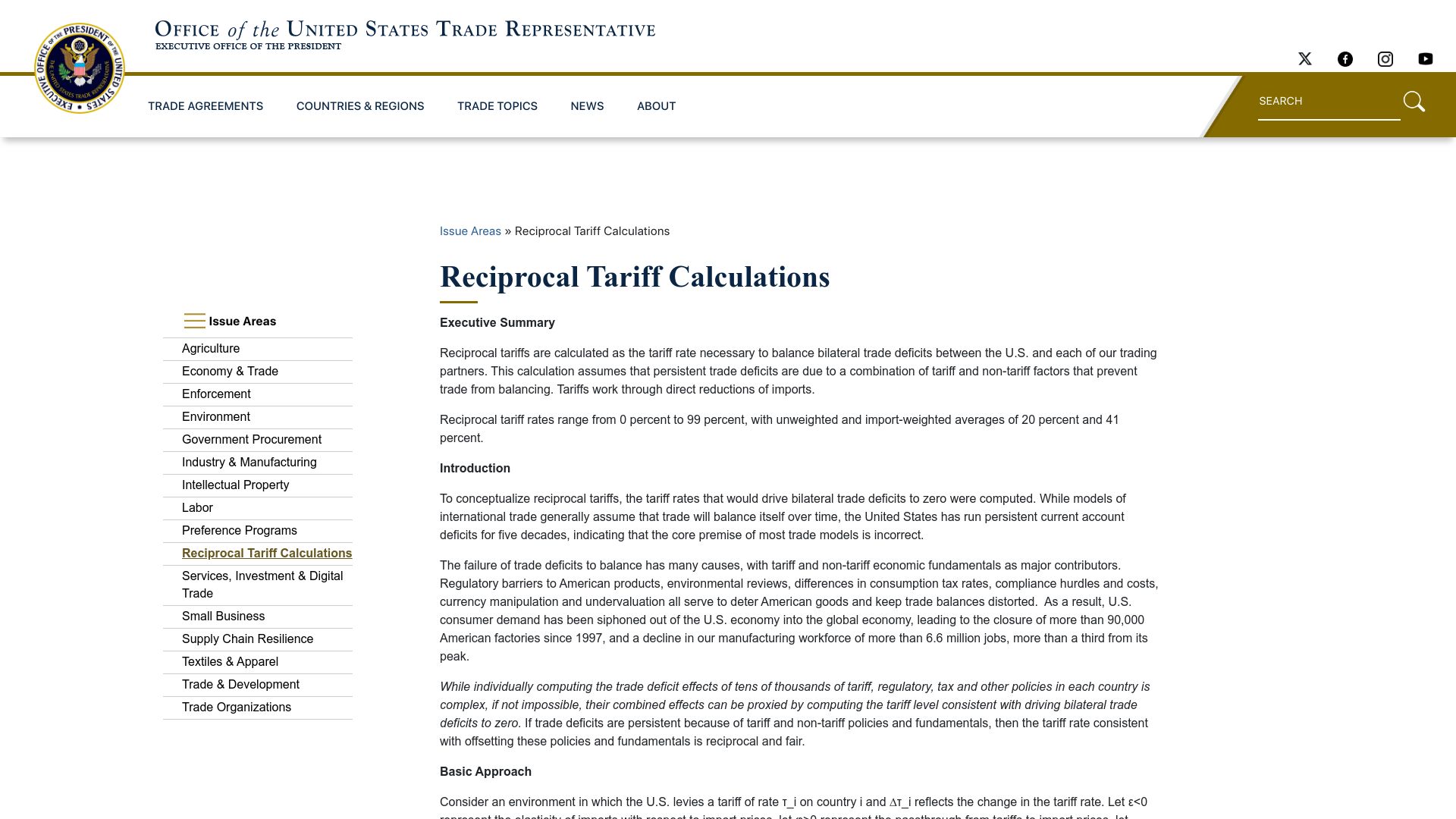Screenshot of ustr.gov: Reciprocal Tariff Calculations