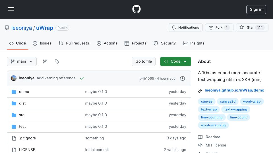 Screenshot of github.com: Show HN: uWrap.js – A faster and more accurate text wrapping util in < 2KB