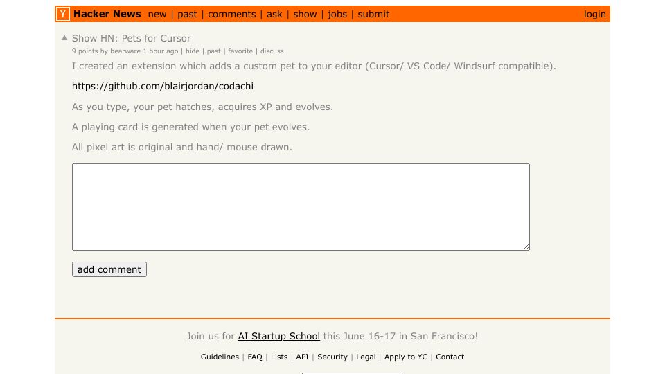 Screenshot of Hacker News post: Show HN: Pets for Cursor