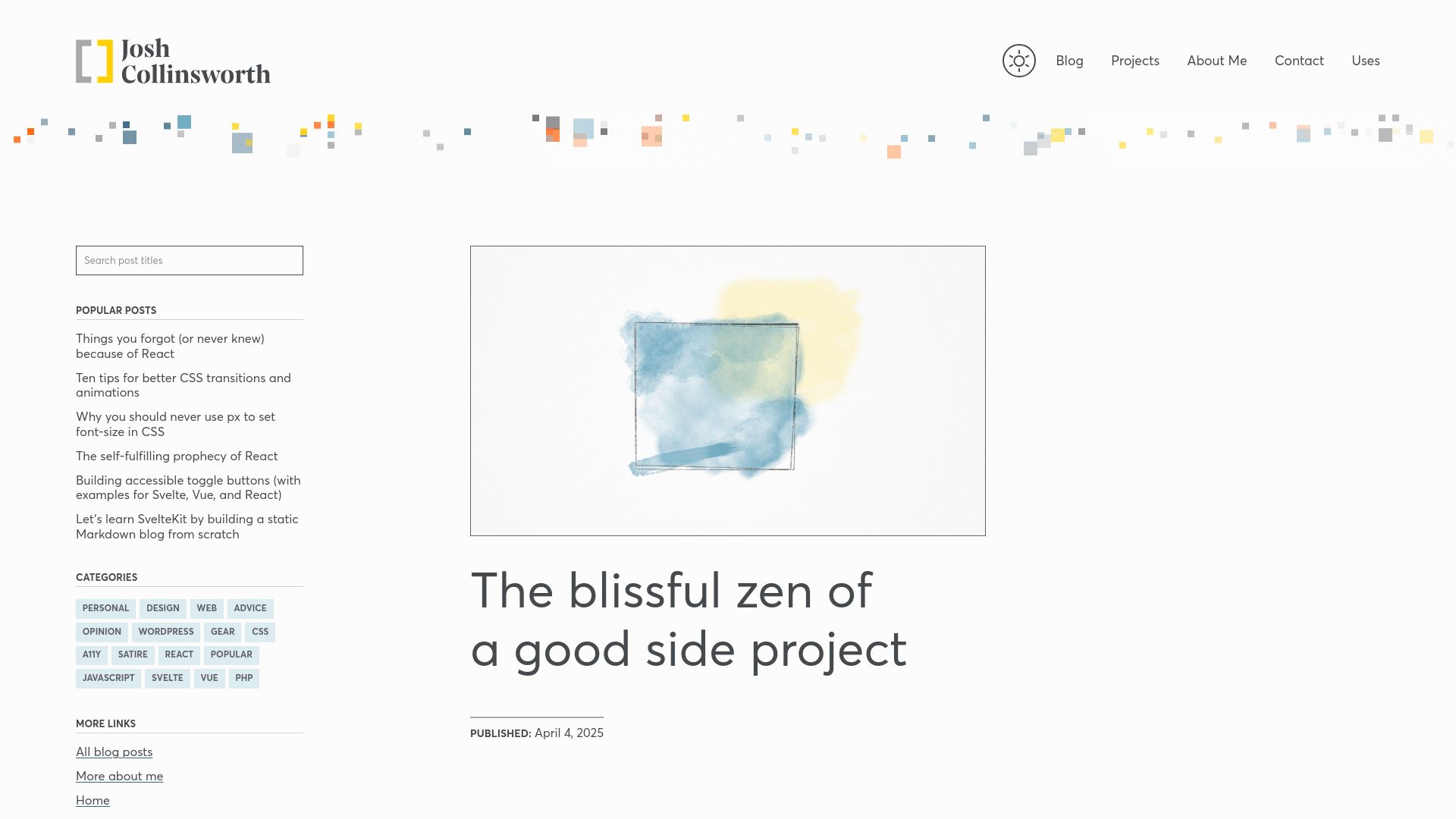Screenshot of joshcollinsworth.com: The blissful Zen of a good side project