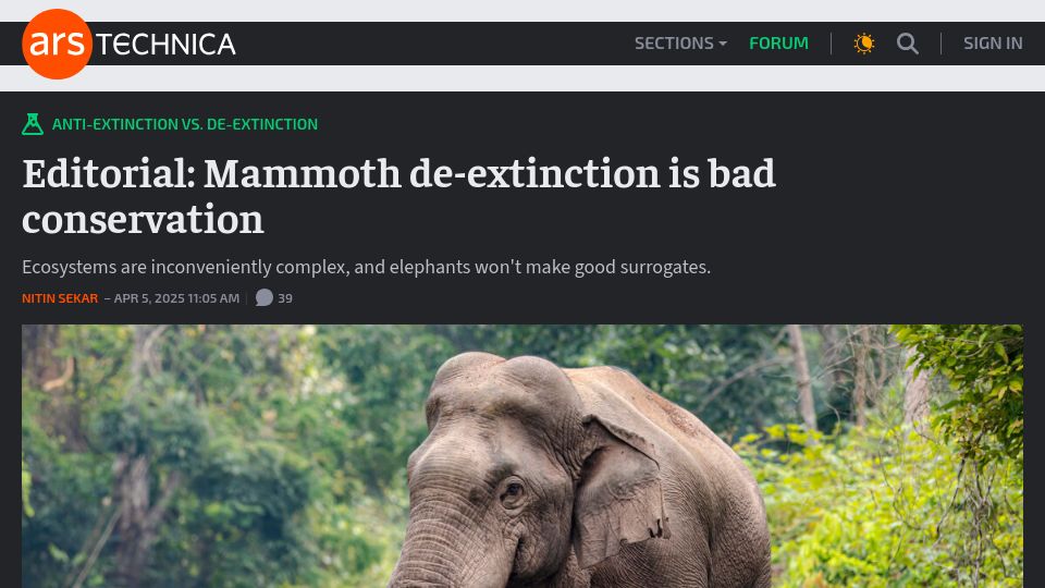 Screenshot of arstechnica.com: Mammoth de-extinction is bad conservation