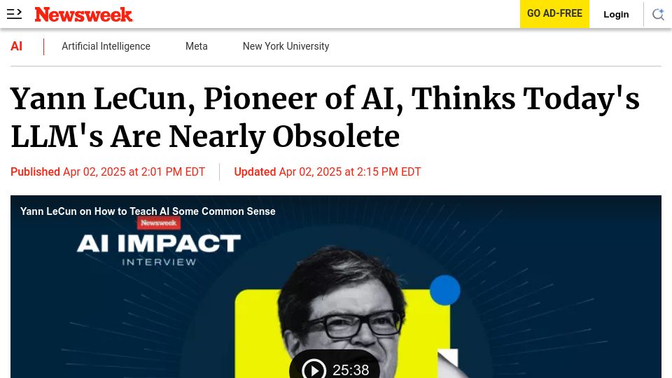 Screenshot of newsweek.com: Yann LeCun, Pioneer of AI, Thinks Today's LLM's Are Nearly Obsolete
