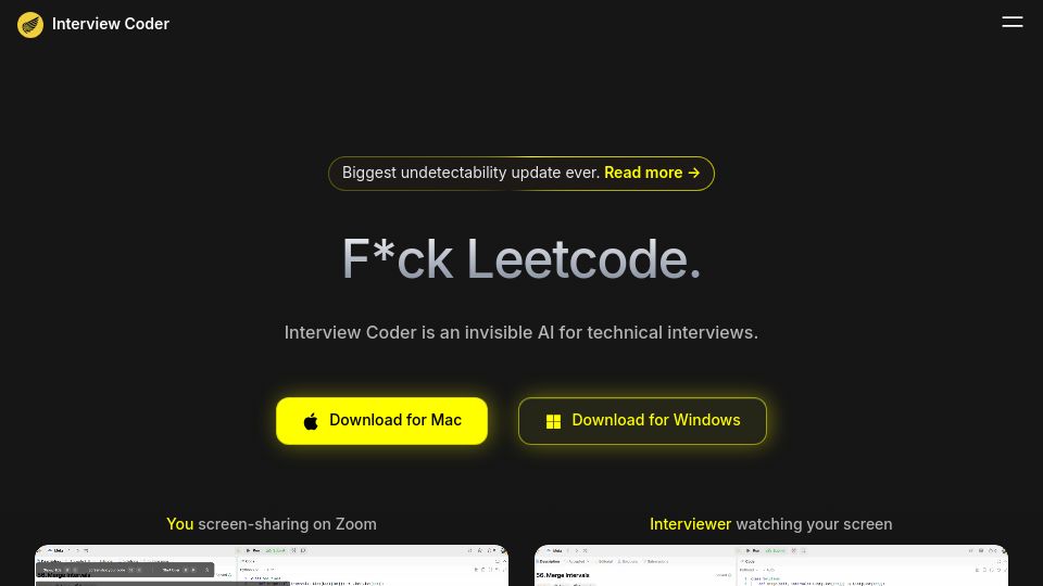 Screenshot of interviewcoder.co: Interview Coder is an invisible AI for technical interviews