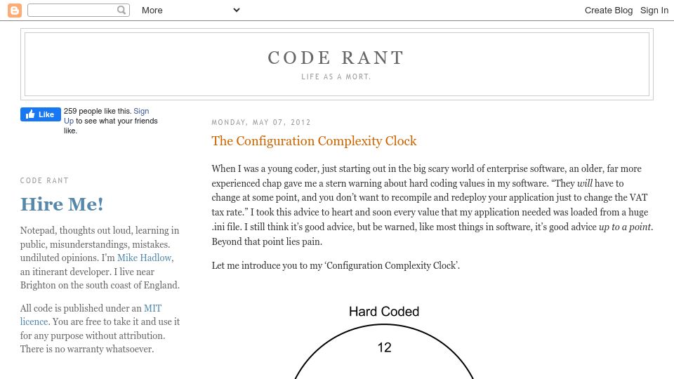 Screenshot of mikehadlow.blogspot.com: Configuration Complexity Clock (2012)