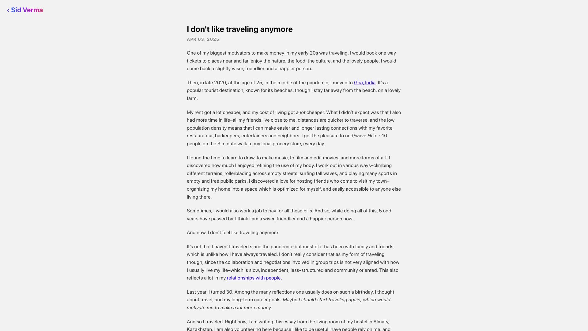 Screenshot of sidverma.io: I don't like traveling anymore