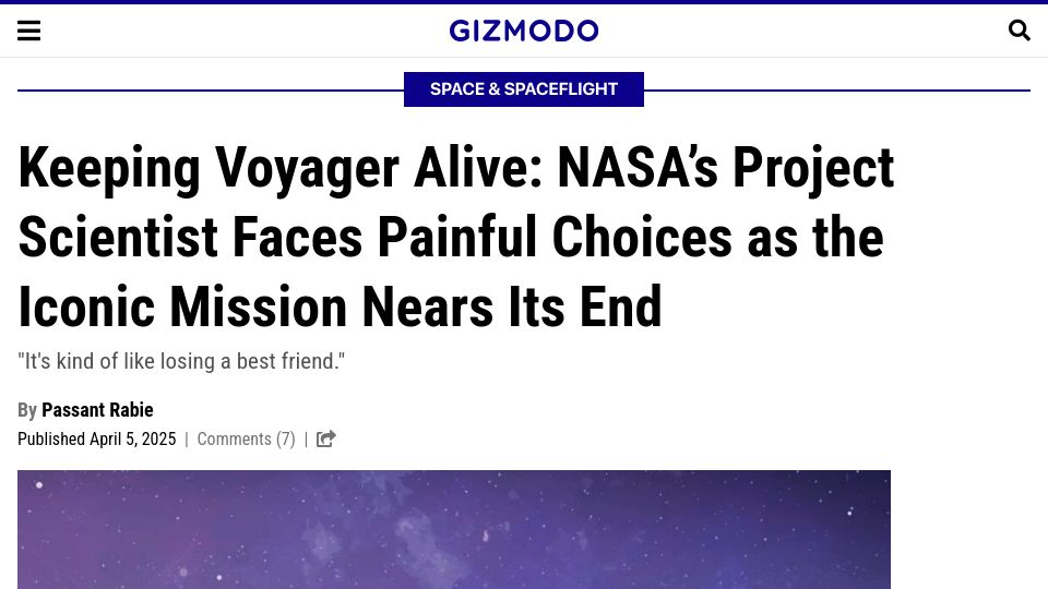 Screenshot of gizmodo.com: NASA's Project Scientist Faces Painful Choices as Voyager Mission Nears Its End