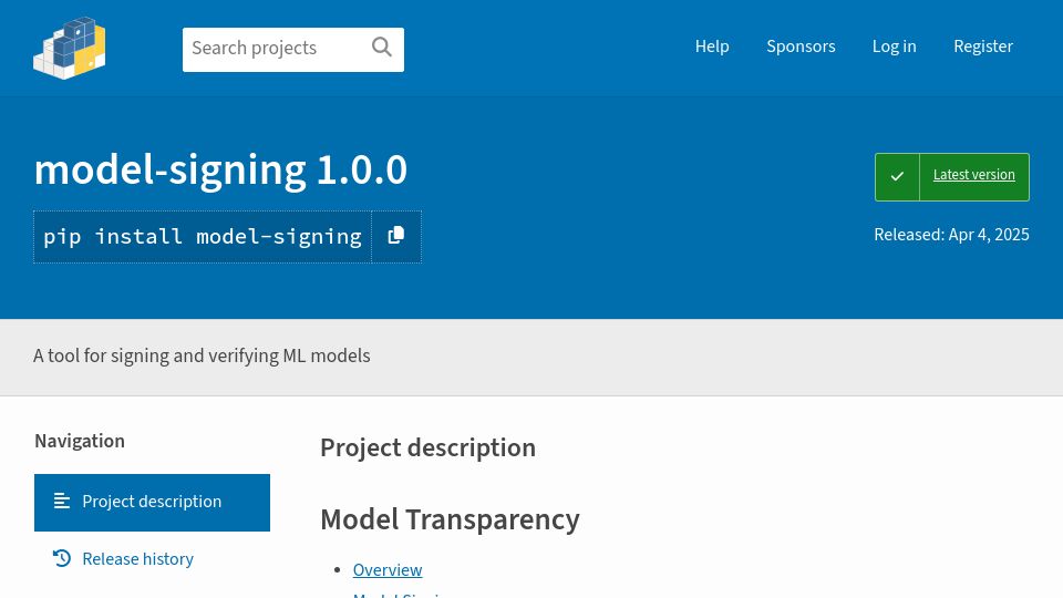 Screenshot of pypi.org: Open Source Coalition Announces 'Model-Signing' to Strengthen ML Supply Chain