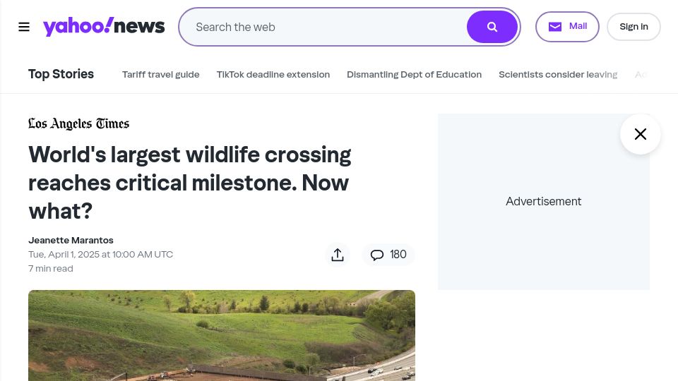 Screenshot of yahoo.com: World's largest wildlife crossing reaches critical milestone. Now what?