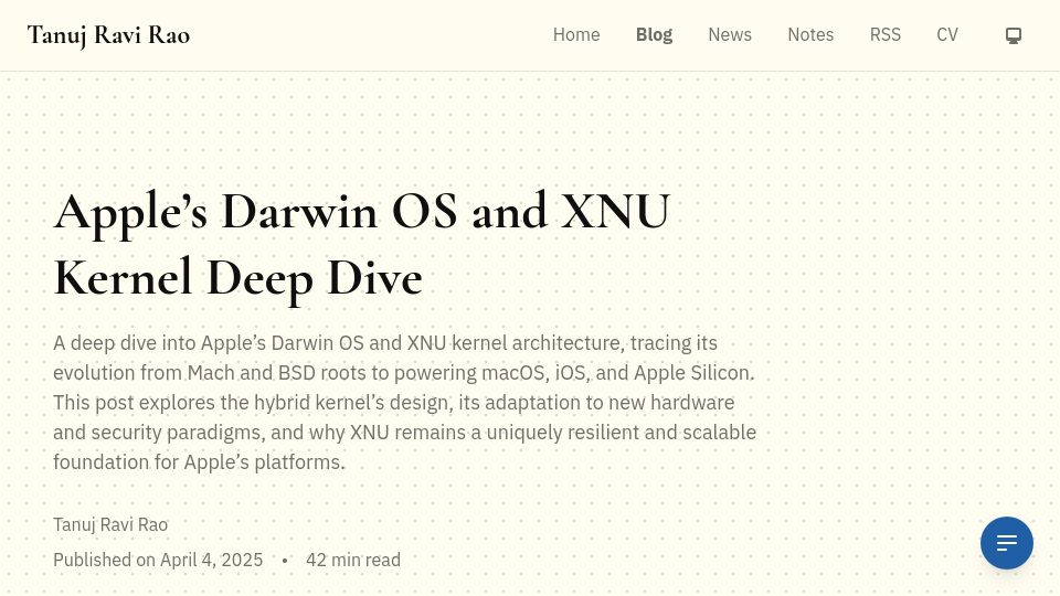 Screenshot of tansanrao.com: Apple’s Darwin OS and XNU Kernel Deep Dive