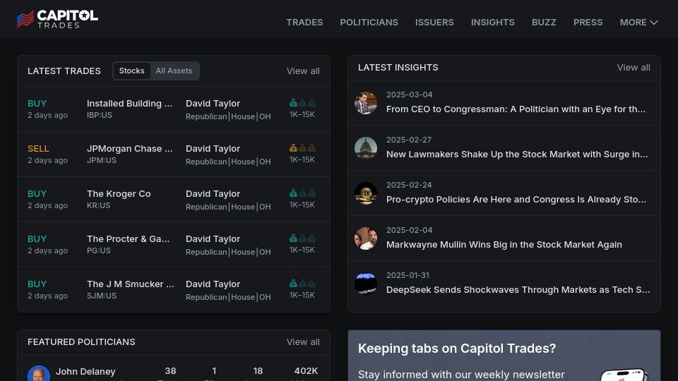 Screenshot of capitoltrades.com: Capital Trades: Tracking Stock Market Transactions of Politicians