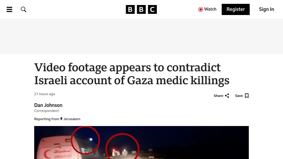 Screenshot of bbc.com: Video footage appears to contradict Israeli account of Gaza medic killings