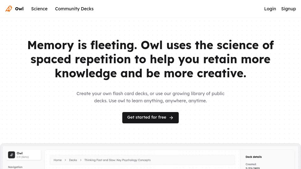 Screenshot of owl.cards: Show HN: Owl, a Spaced Repetition App