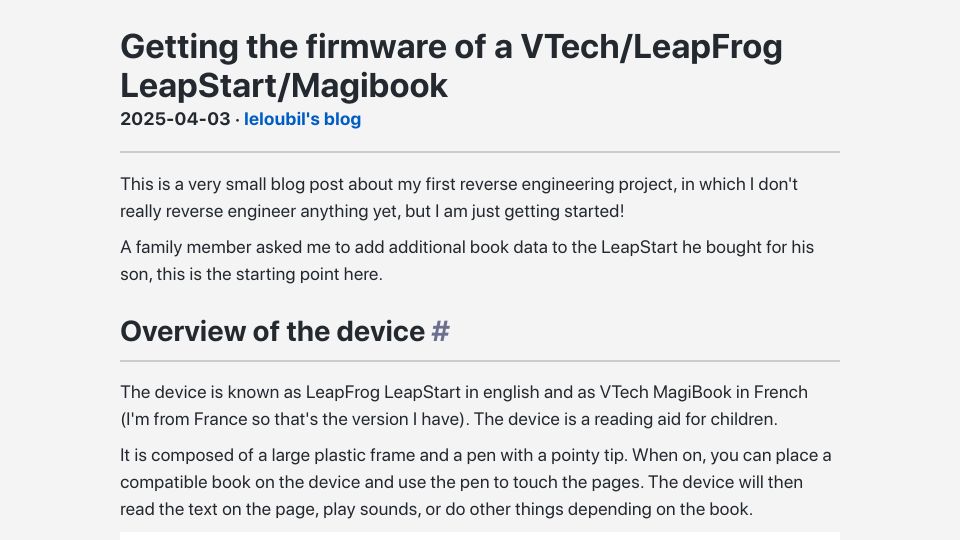 Screenshot of leloubil.prose.sh: Getting the Firmware of a VTech/LeapFrog LeapStart/Magibook