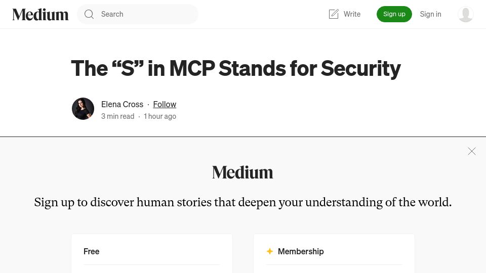Screenshot of elenacross7.medium.com: The “S” in MCP Stands for Security