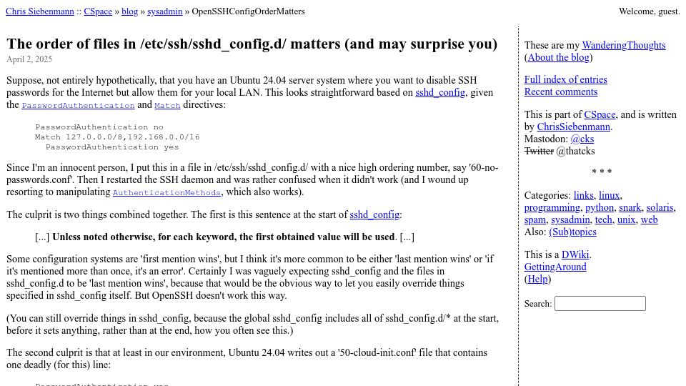 Screenshot of utcc.utoronto.ca: The order of files in /etc/ssh/sshd_config.d/ matters