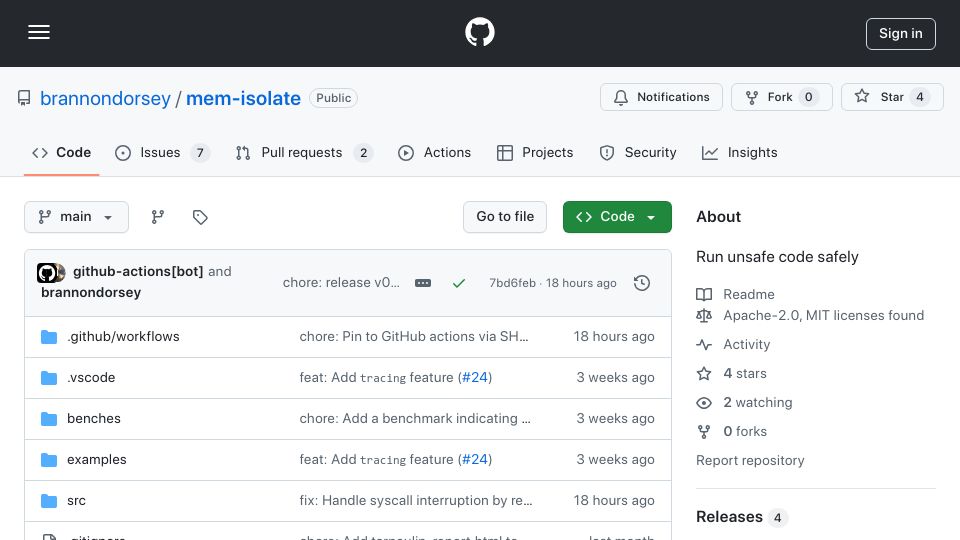 Screenshot of github.com: Show HN: I built a Rust crate for running unsafe code safely