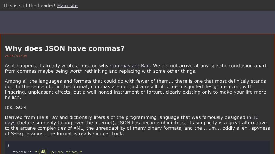 Screenshot of simonsafar.com: Why does JSON have commas?