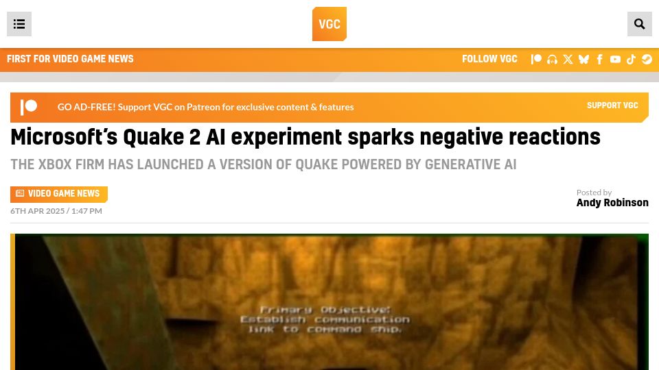Screenshot of videogameschronicle.com: Microsoft's Quake 2 AI experiment sparks negative reactions