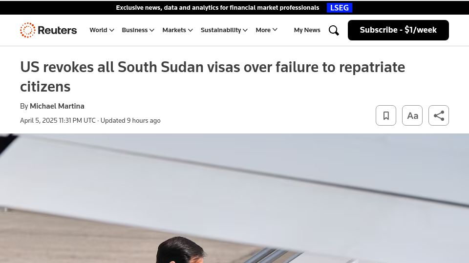 Screenshot of reuters.com: US revokes all South Sudan visas over failure to repatriate citizens