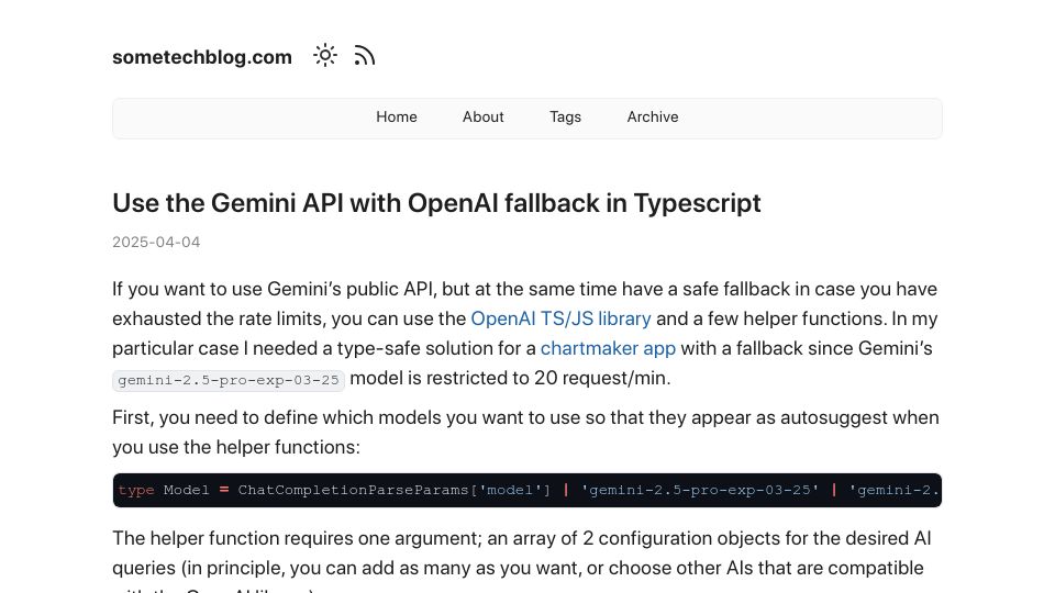Screenshot of sometechblog.com: Use the Gemini API with OpenAI Fallback in TypeScript