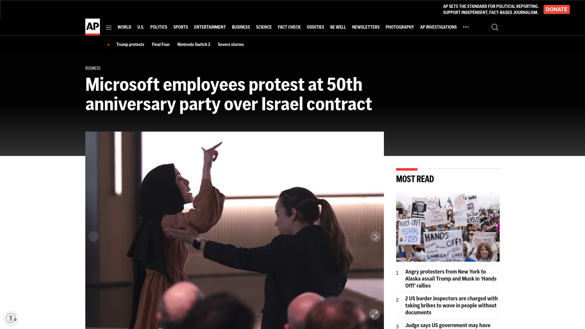 Screenshot of apnews.com: Microsoft employees protest at 50th anniversary party over Israel contract