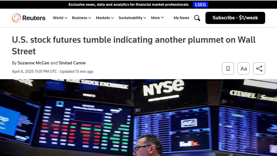 Screenshot of reuters.com: U.S. stock futures tumble indicating another plummet on Wall Street