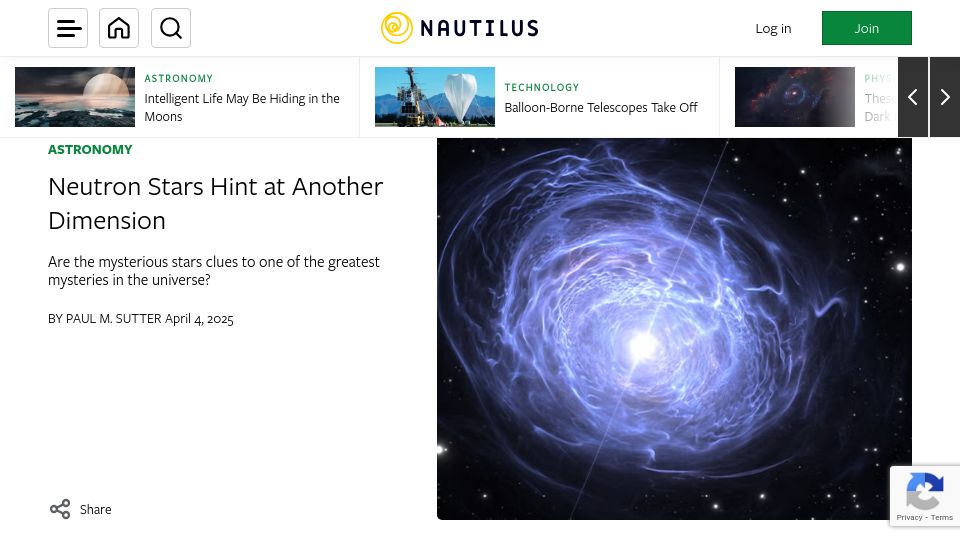 Screenshot of nautil.us: Neutron Stars Hint at Another Dimension