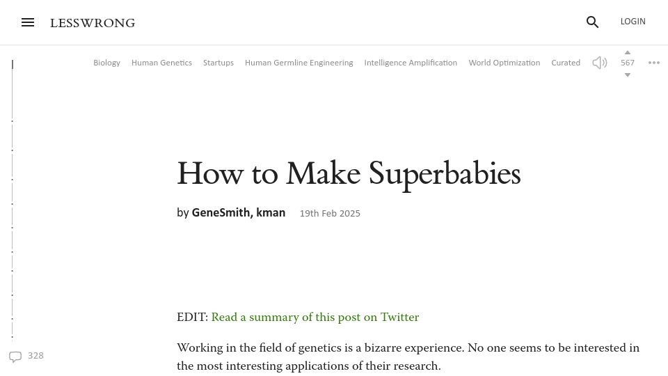 Screenshot of lesswrong.com: How to Make Superbabies