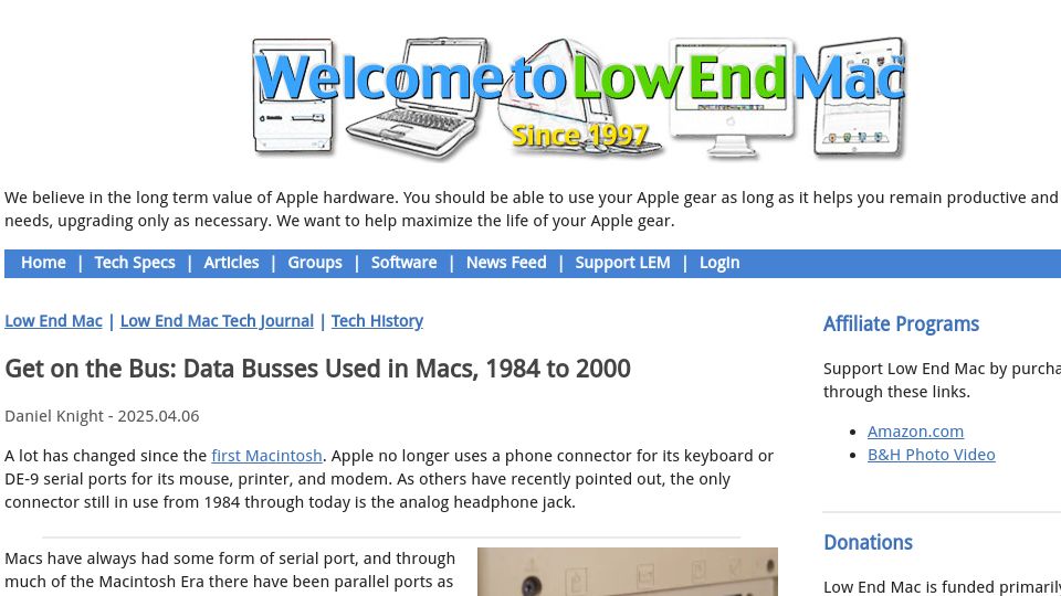 Screenshot of lowendmac.com: Get on the Bus: Data Busses Used in Macs, 1984 to 2000 – Low End Mac