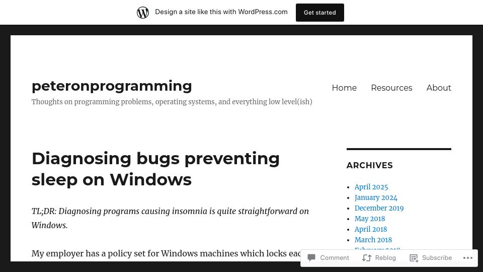 Screenshot of peteronprogramming.wordpress.com: Diagnosing bugs preventing sleep on Windows