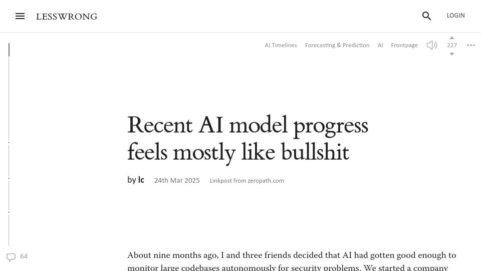 Screenshot of lesswrong.com: Recent AI model progress feels mostly like bullshit