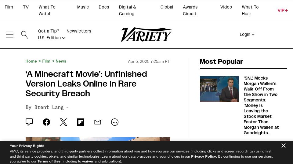 Screenshot of variety.com: 'Minecraft Movie' Leaks Online: Full Unfinished Version Shared