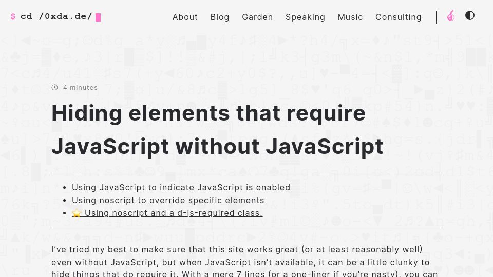 Screenshot of 0xda.de: Hiding elements that require JavaScript without JavaScript